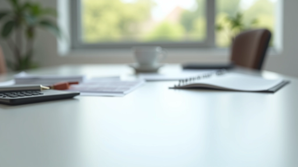 Professional workspace with organized files, documents, and a calendar on desk with pen and coffee