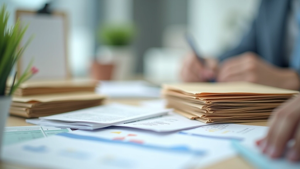Organized desk with documents sorted into labeled folders and a calendar showing tax dates