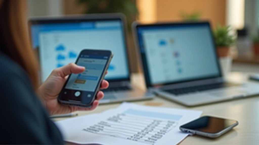 Smartphone capturing a receipt with cloud storage folders visible on laptop screen