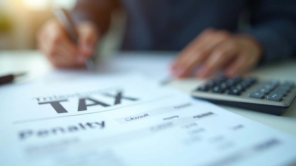 Document showing tax penalties breakdown with calculator and pen, professional financial document