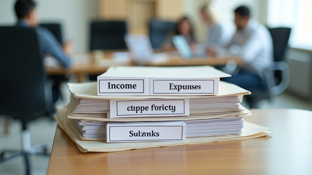 Three distinct filing system folders labeled with income, expenses, and supporting documents categories
